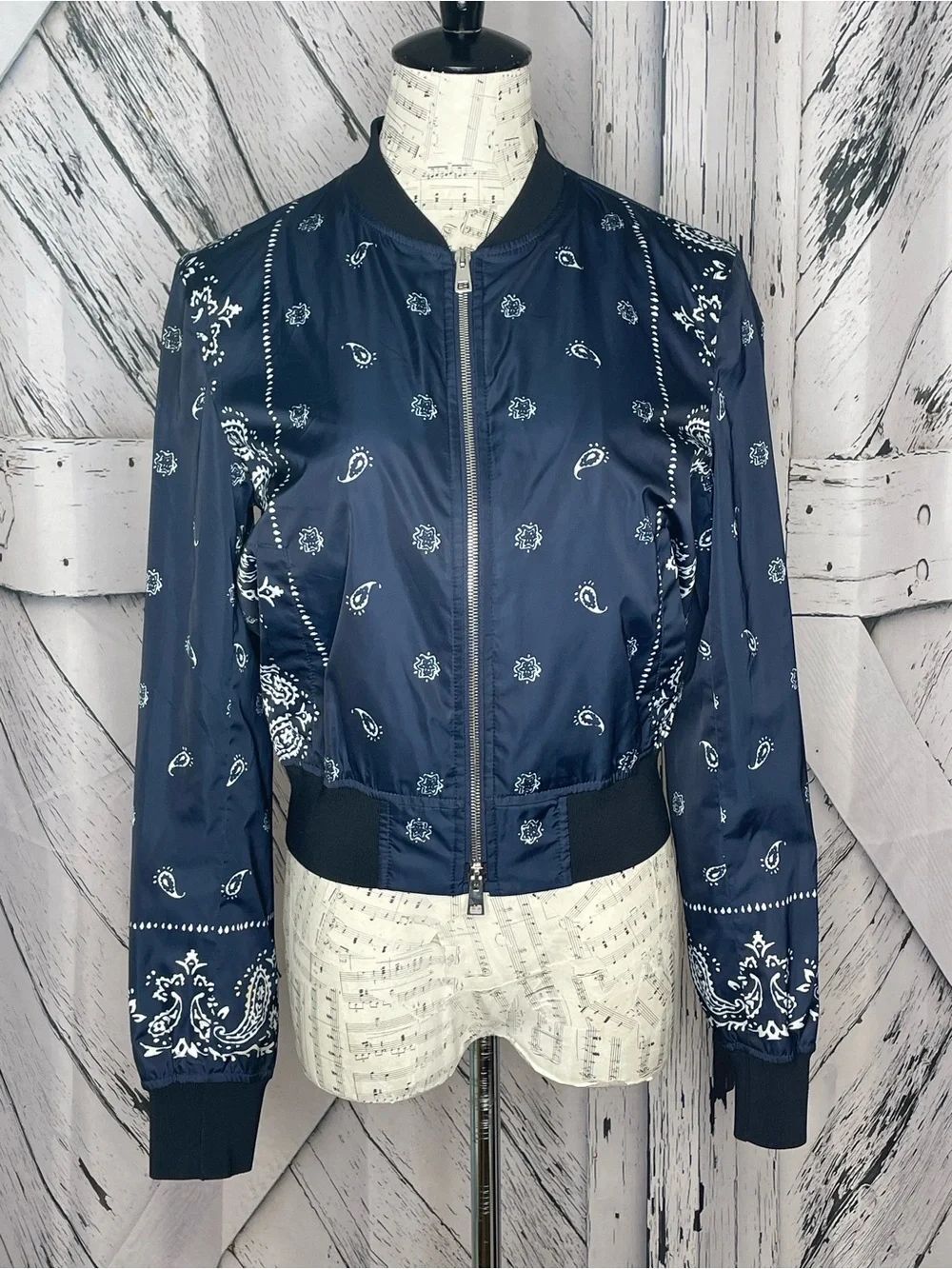 NEW Theory Blue Daryette Bandana Print Bomber Jacket, Size L